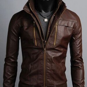 Men Brown Bomber Faux Leather Jacket