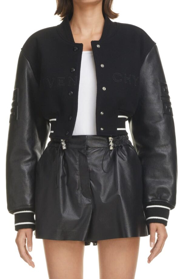 Givenchy-Black-Leather-Sleeve-Logo-Crop-Varsity-Jacket