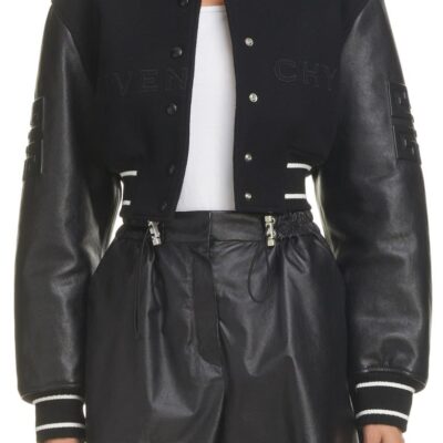 Givenchy-Black-Leather-Sleeve-Logo-Crop-Varsity-Jacket
