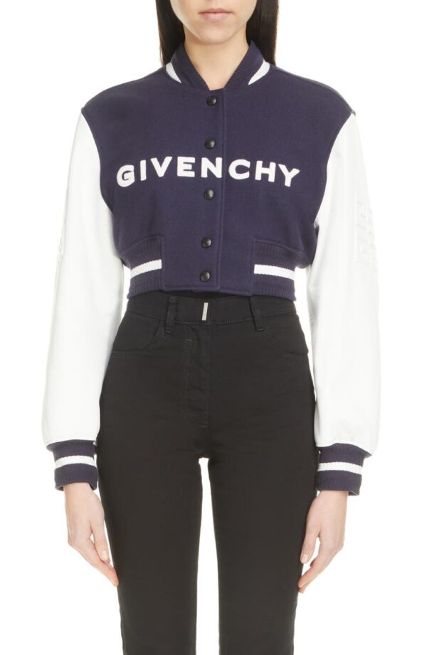 Givenchy-Navy-Blue-White-Leather-Sleeve-Logo-Crop-Varsity-Jacket