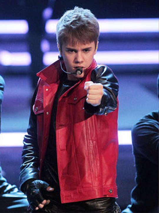 Justin-Bieber-Stylish-Black-Sleeves-Red-Jacket