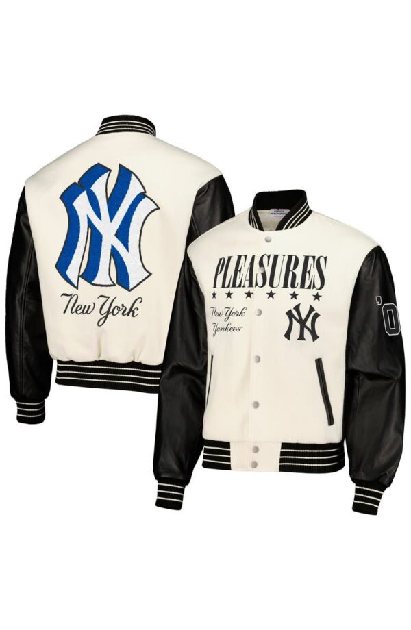 Pleasures-White-New-York-Yankees-Full-snap-Varsity-Jacket-1