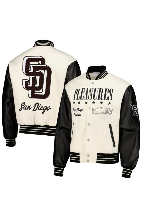 Pleasures-White-San-Diego-Full-snap-Varsity-Jacket-1